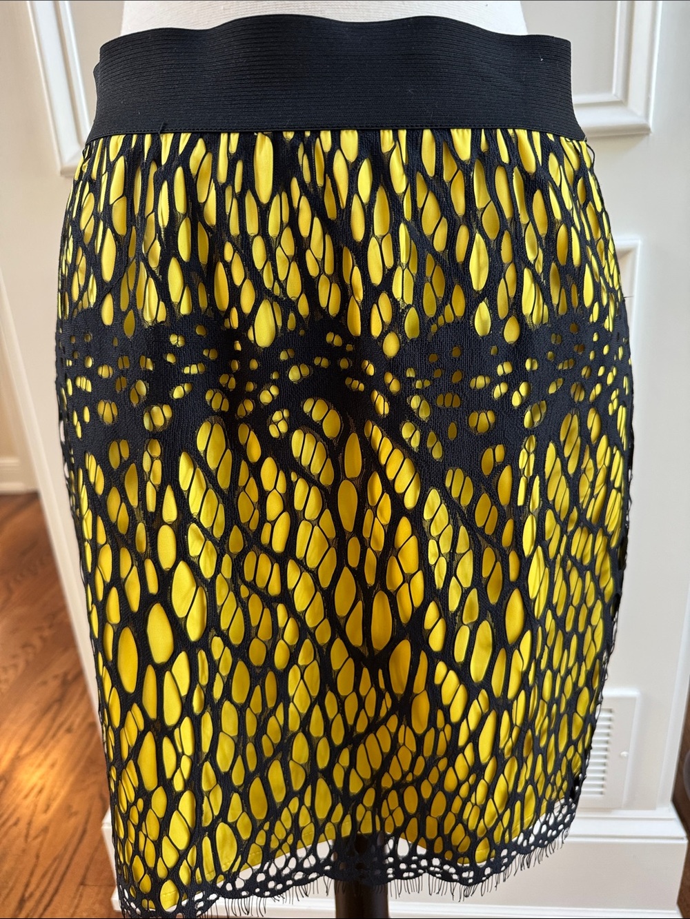 Robert Rodriguez Yellow Pencil Skirt with Black Lace Overlay